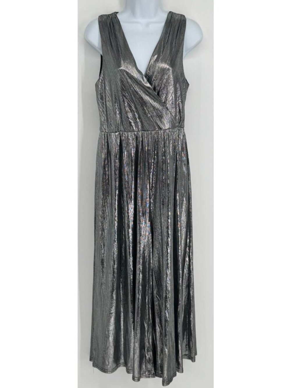 Francesca’s Silver Foil Metallic Jumpsuit Size M Shimmer Pleated Wide Leg Party